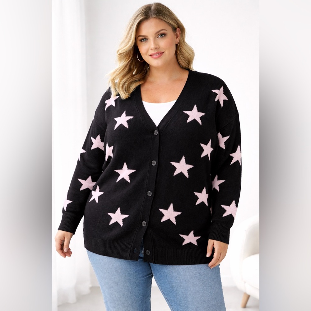 What’s Next 3X Black Pink Star Cardigan Button Front Plus Size Cozy Sweater